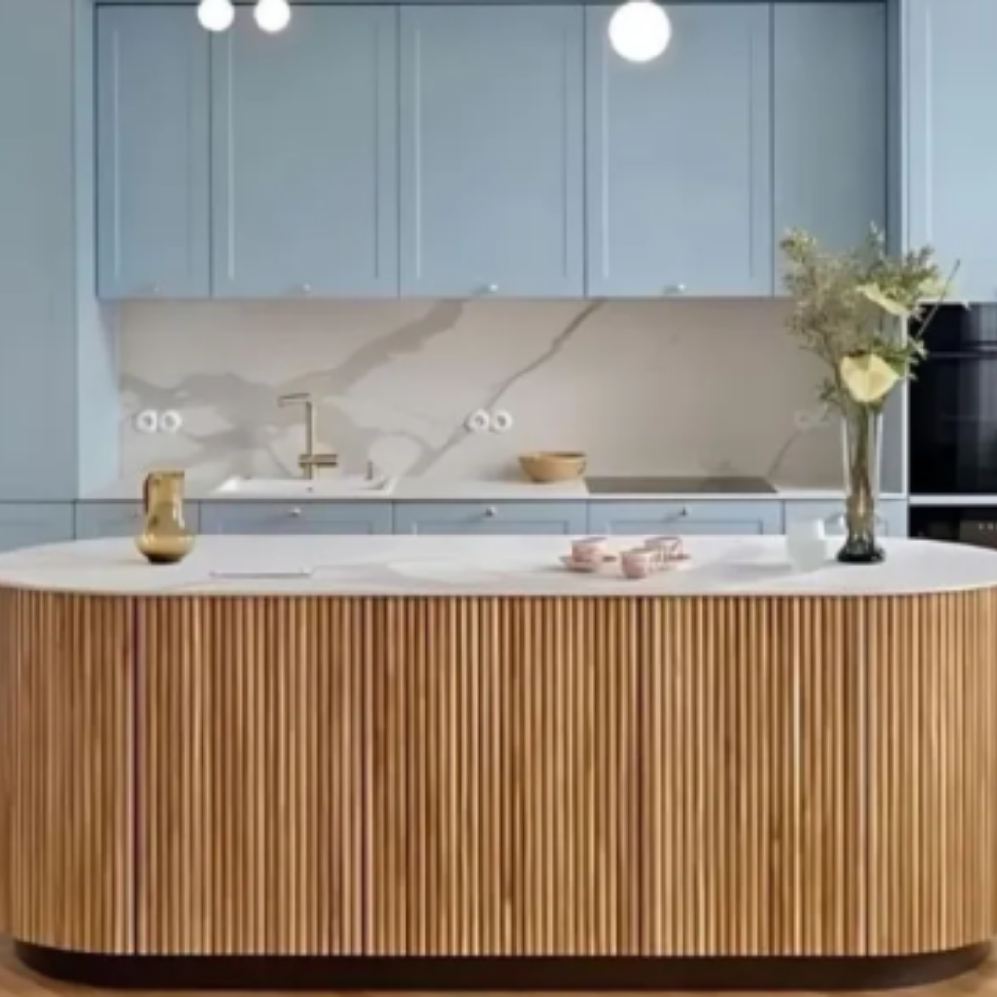 Panel flexible de roble modelo MD-04 revistiendo una isla de cocina